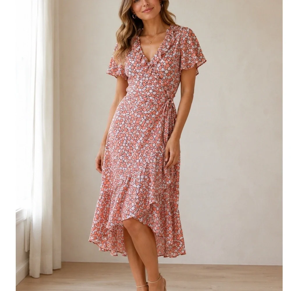 Michael Kors Coral Floral Ruffle Wrap Midi Dress Womens Summer Large High Low - Picture 1 of 7